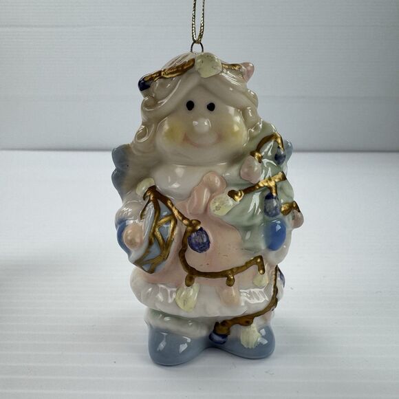 Set of 3 Vintage Ceramic Angel Ornaments Pastel Gold Trim Christmas - Picture 7 of 11